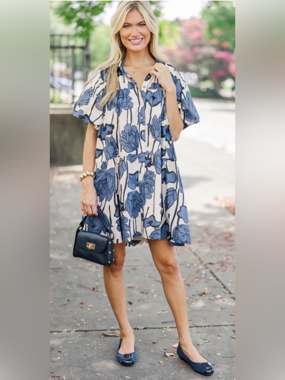 Aureum Dress “Love You Better” Blue Floral Babydoll 100% Cotton Sz M Button Up